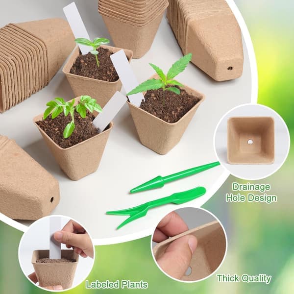 50 Biodegradable 3-inch Square Peat Pots with Labels for Outdoor Plant Nurseries