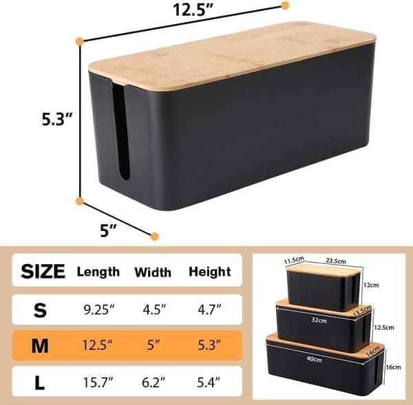 Cable Management Box/Storage Box with Bamboo Lid, Large Cable Organizer and Holder for Use with Desks, TVs, Computers, and USB Hubs.