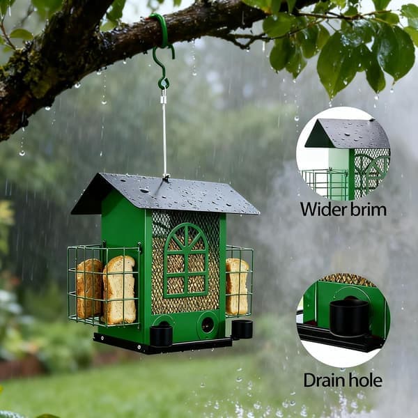 Outdoor Metal Bird Feeder Large Capacity Premium Wild Bird Feeder (Includes Bread Compartment) Metal Mesh Design Multi-Compartment Storage Green