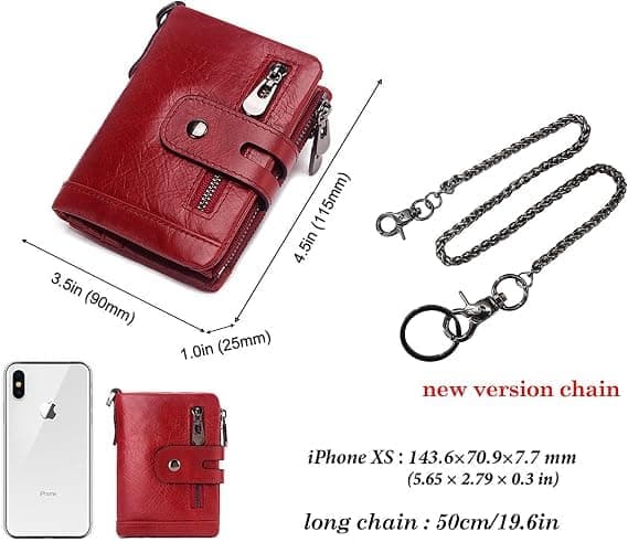 RFID Blocking Bi-fold Wallets for Men with Double Zipper, Coin Pocket and Anti-theft Chain