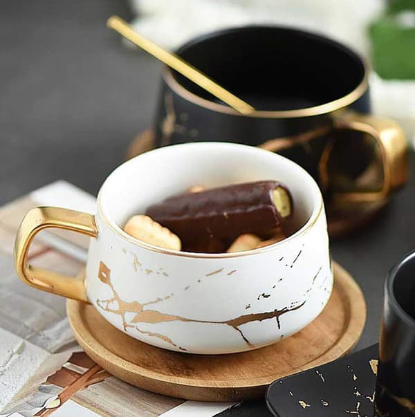 10 oz Deluxe Guld Håndaftryk Te- og Kaffekop med Bambus Underkop Sæt (Sæt med 2 Hvide)
