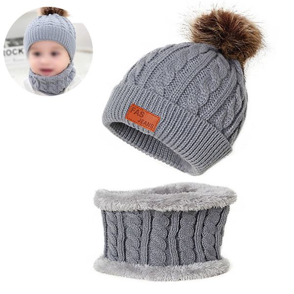 Barn Vinter Pom Beanie Hat Scarf Set för Små Flickor Varmt Stickat Fleece Foder Slouchy Skull Cap beige