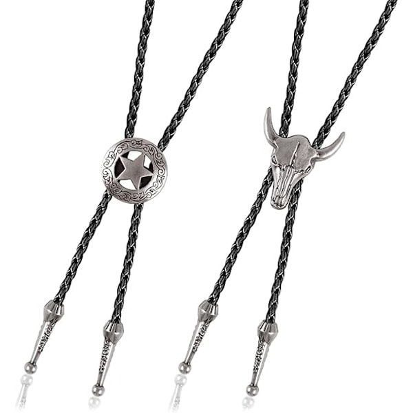 2 st Fashion Bolo Ties Läder Slips Nackband Ko Skalle, Ranger Star Svart Slips Nackband Western Cowboy Vintage Bolo slips Retro Slips