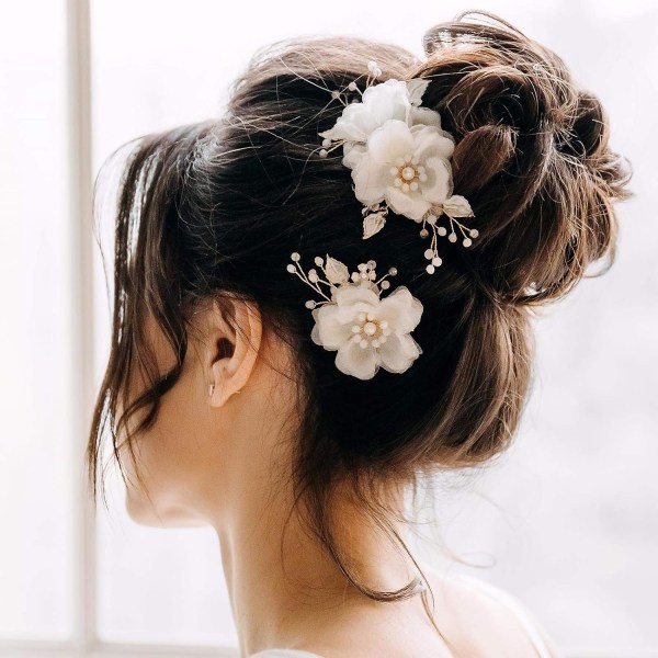 Guld & vitt bröllopshårklämma, blommigt brudhår kam hårspänne Blomma hårbitar för brudars bröllop