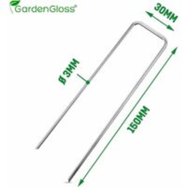 Galvaniserade stålfästpinnar (50 stycken) - Starka fästpinnar för markduk, stängsel och nät - 150 mm långa, 30 mm breda, Ø 3 mm