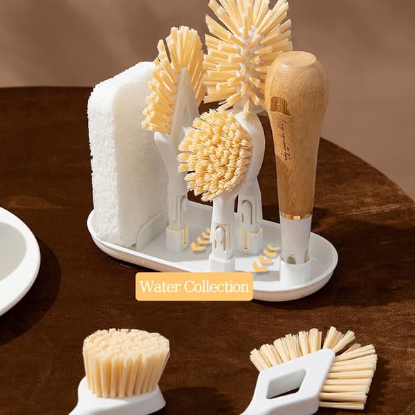 4-in-1 Kitchen Sink Brush Set, Bamboo Handle Grout Brush with Storage Holder, Replaceable Brush Heads and Cleaning Tools for Bottles, Dishes