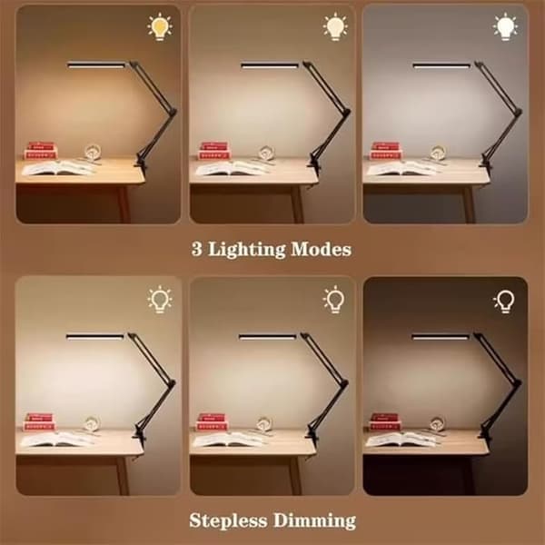 A desk lamp with adjustable arm and clamp, designed to protect your eyes when reading, studying, and working at your desk (black).