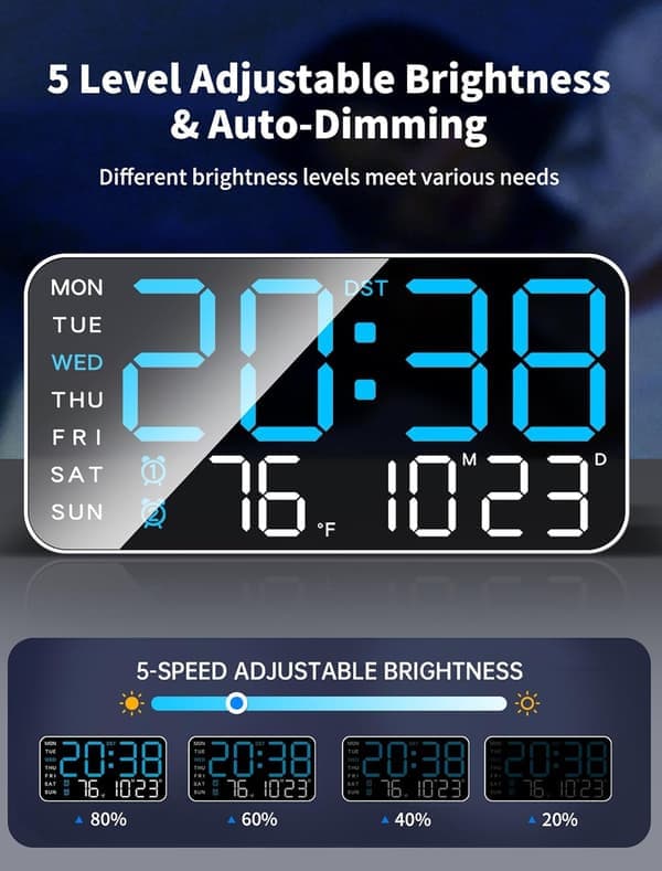 8.4-inch Large Digital Wall Clock LED Alarm Clock Large Digits Date Temperature Daylight Saving Time Modern Desk Decoration.