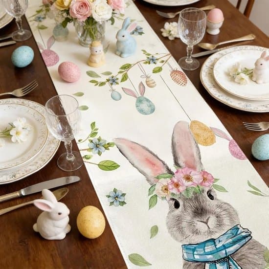 Easter Decoration - Easter Table Runner with Rabbits, Eggs, Flowers and Carrots - 40 x 140 cm Easter Tablecloth - Spring Table Runner