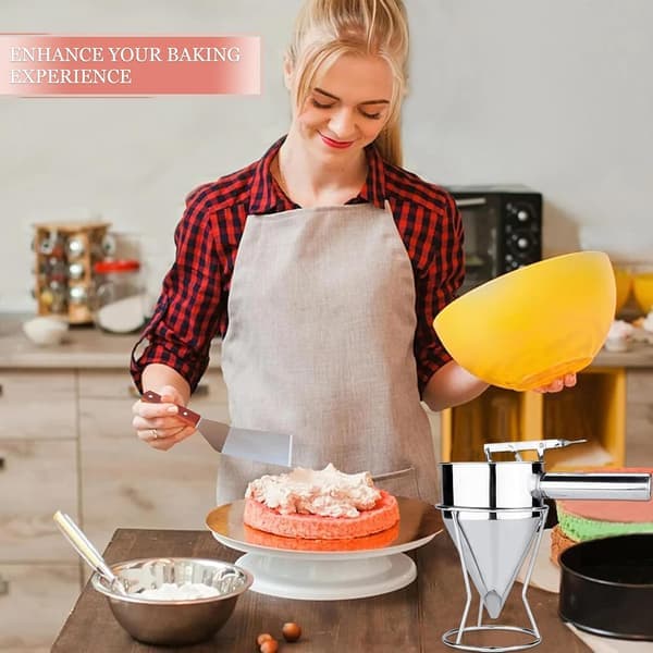 Piston Funnel with Stand - Stainless Steel Confectionery Funnel for Batter Dispensing and Bakery Use - Precise Cake Decorating Tool - Perfect