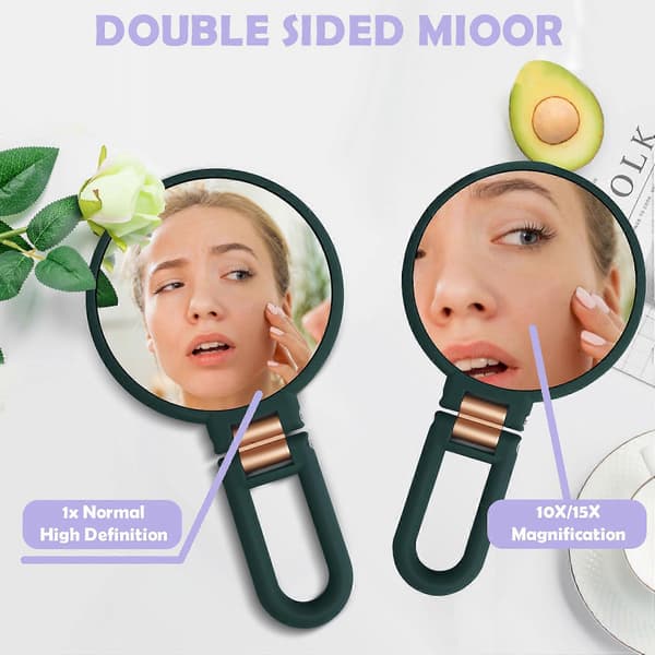 10X/15X Magnifying Mirror Handheld Foldable Handle Double-Sided Portable Travel Magnifying Mirror Socket Makeup Mirror Army Green Army green 15X