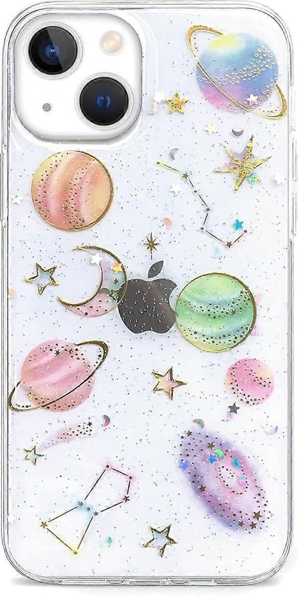 iPhone 13 Star Case, Transparent Soft Silicone Case with Design Bling Stars Moon Space Shiny Ultra-thin Glitter Protective Case Cover