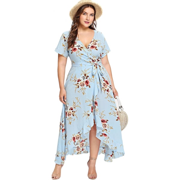 Plus Size Casual V-hals Bälte Empire Midja Asymmetrisk Maxi Klänning