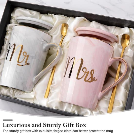 Mr och Mrs Muggset - 40 cl Keramiska Marmor Bröllopsmuggar - Med Lyxig Presentförpackning och Gratulationskort - För Bröllop och Årsdagar - Romantisk Bröllopspresent