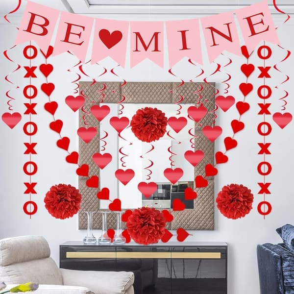 21-delt Valentinsdag dekorasjonssett, ferdigmontert hengende hjertevirveldekorasjon, hjerteformet XO kransbanner.