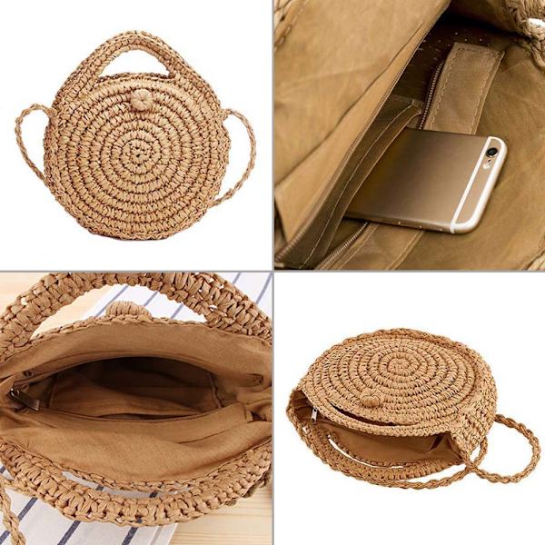 Rund halm crossbody strandväska - Sommar halm crossbody handväska väskor med dragkedja för damer
