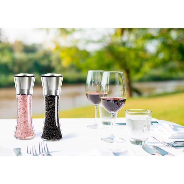 Premium Salt och Pepparkvarn Set om 2- Borstat Rostfritt Stål Pepparkvarn och Saltkvarn, 6 Oz Glas Hög Kropp, 5 Grader Justerbar Keramisk Rotor-