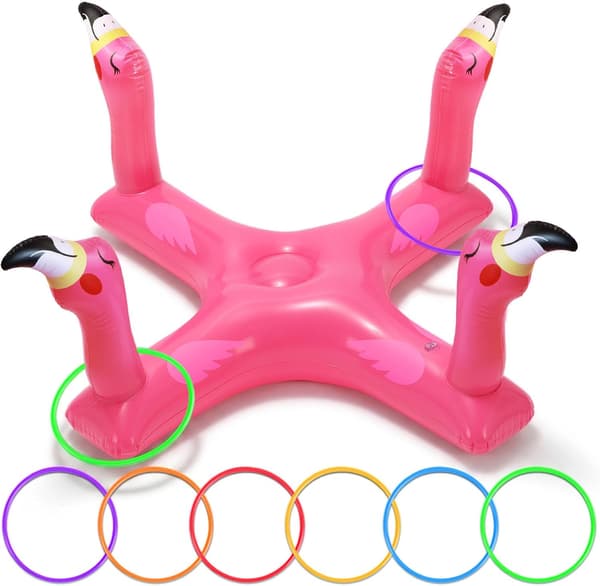 Oppustelige poolringkastespil, haj- og flamingoformede flydende poolringe, inkluderer 6 ringe, perfekt til sommerpoolfester.