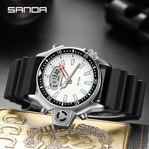 SANDA Sport Män Quartz Digital Watch Creative Dyk Watches Herr Vattentät Alarm Watch Dual Display Klocka Relogio Masculino Black yellow Black yellow