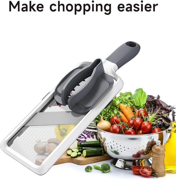 Handheld Mandoline with 3 Adjustable Thicknesses (1-3mm) & Food Holder - Safe Potato & Cucumber Slicer, Easy Cleaning (Grey)