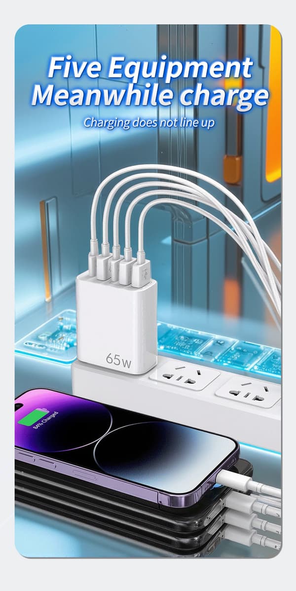 65W USB-lader med 5 porter: 2 USB-C + 3 USB-A | Hurtiglading-QC 3.0 | Kompatibel med Samsung/iPhone/Xiaomi/etc