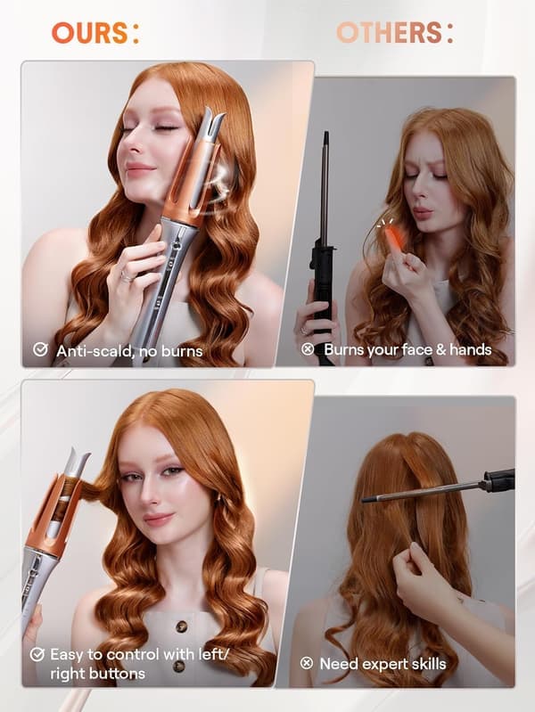 Automatic Rotating Curling Iron - 3 Temperature Settings, Fast Heating, Bidirectional, Anti-Scald, Anti-Tangle & Auto Shut-Off