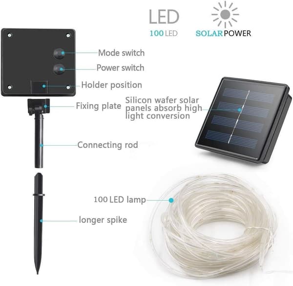 12M 100LED Solar LED-stripe, kobberrørlys, vanntett, utendørs, hvit