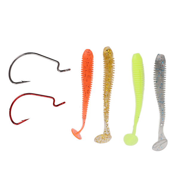 60 st/låda Mjukt bete fiskedrag kit med rostfritt stål vev krokar artificiell T svans PVC mjukt bete drag för basfiske 5cm