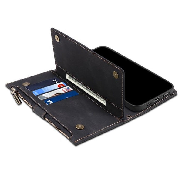 iPhone 14 Plånboksfodral Flap Zipper Strap - Svart