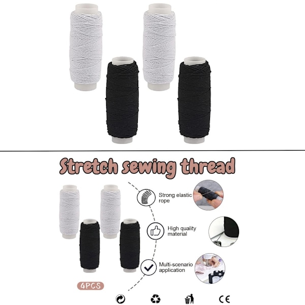 Rynkeelastisk för sömnad, 4 st sytrådsskärande elastisk, svart vit elastisk tråd, perfekt för kläder, fästa knappar, reparationer,