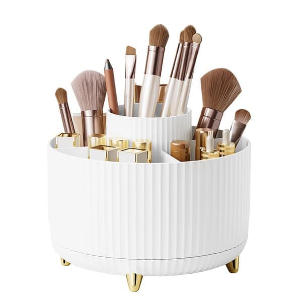 Diesisa 360° Roterende Make-up Børsteholder - 5-rums Organizerkop til Kosmetik & Kunstmaterialer, Hvid Skrivebordsopbevaring