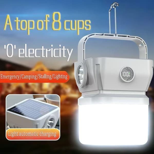 Solar Camping Lamp - 500m Range - 120m² Illumination - With Power Bank & LCD Screen - Waterproof (IPX5)