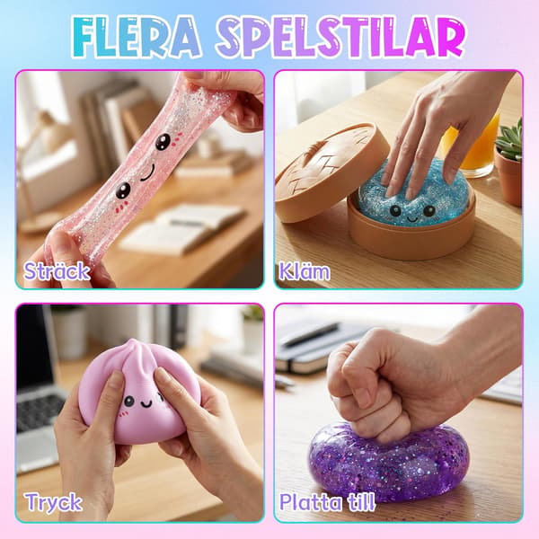 Glitter Dumpling Squish-y | 12 stk. Squish-y Squeeze Dumplings Boller med Steamer, Farverige Squishies Dumplings Stressbolde Legetøj, Blød Squeeze De