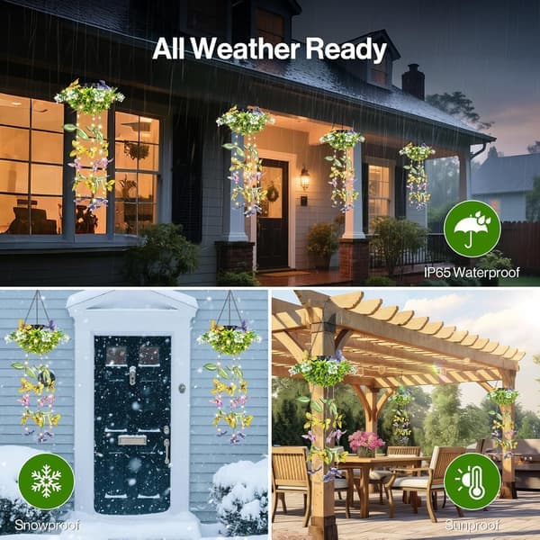 Solar Powered Hanging Garden Lights 2-pack - LED String Light with Artificial Butterflies and Flowers, IP65 Waterproof Outdoor Decor