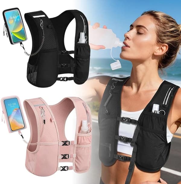 Unisex Running Vest, Adjustable Chest Straps, Hydration Backpack with 500ml Soft Flask - Lightweight Reflective for Marathon, Touchscreen-Friendly Phone Pocket pink