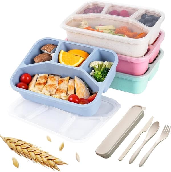 Four-piece BPA-free lunch box with five compartments Includes spoon and fork Portion control Reusable for school, work, and picnic Stackable Compact