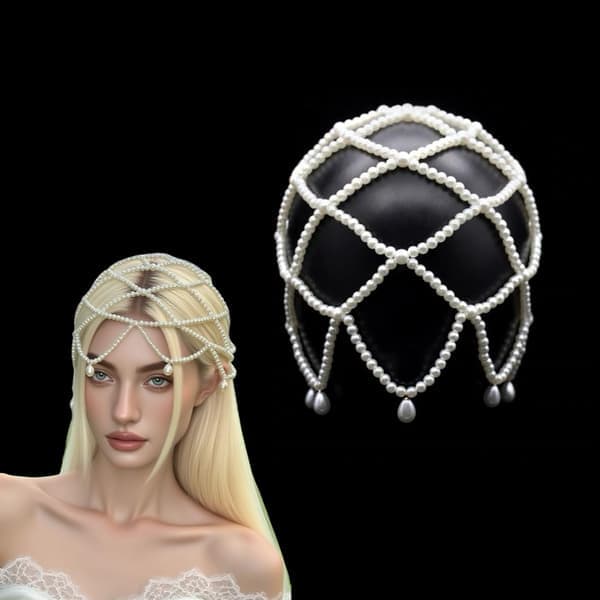 Etnisk retro brude vanndråpe imitasjon perle hodeplagg håndlaget perlestenger catwalk smykker personlighet mote netting hårpynt