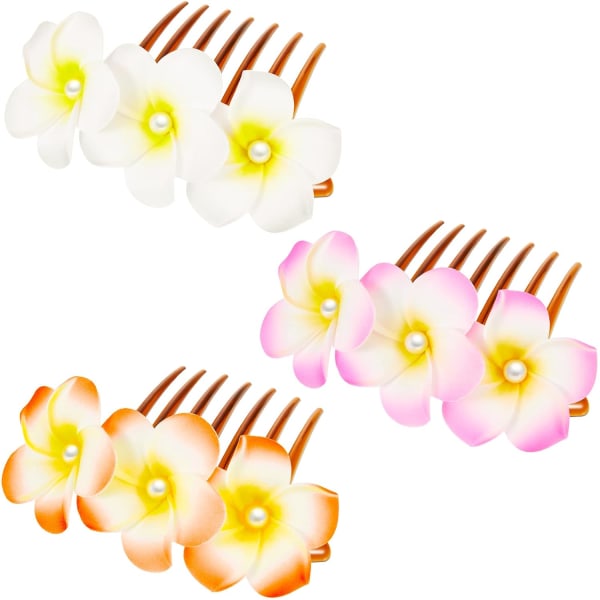 3-pack falska Plumeria plast hår kammar hårspännen med tänder för kvinnor Veil Beach Party Twist Bun Chignon Updo Tillbehör