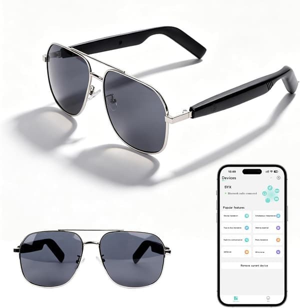 Smart Bluetooth Sunglasses with UV Protection and Blue Light Filter, Open Ear Headphones, IP65 Water Resistant, Silver Frame, Grey Lenses