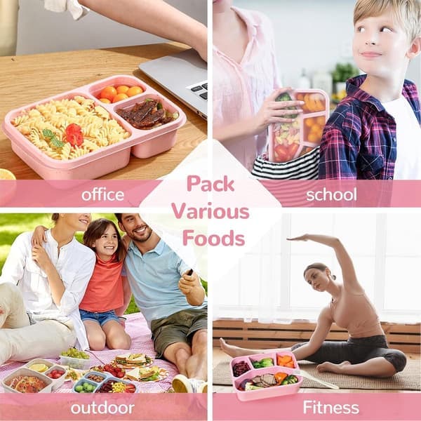 Four-piece BPA-free lunch box with five compartments Includes spoon and fork Portion control Reusable for school, work, and picnic Stackable Compact