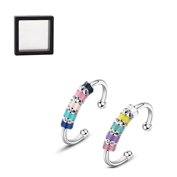 2PCS emalj fidget ring, justerbar ring i rostfritt stål, flerfärgad rullkula, anti-stress snurrande fidget roterande öppna ringar, present till kvinnor,