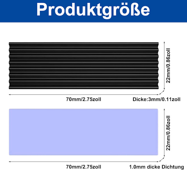 2-pack kylflänsar, M.2 aluminium kylfläns, kylflänsset med 70 mm x 22 mm x 3 mm, halvledarkylning, CPU-kylning för M.2 SSD M2-värme