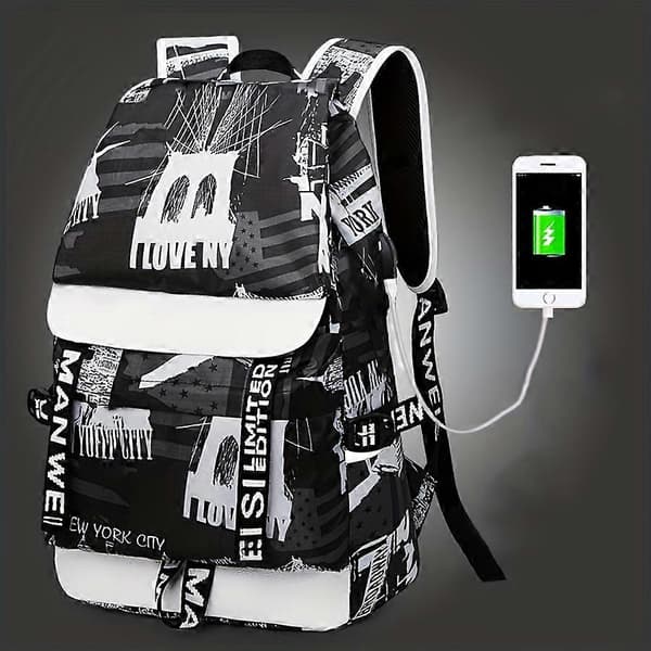 Stor Ryggsäck för Pojkar med USB-Laddningsport och Graffitidesign