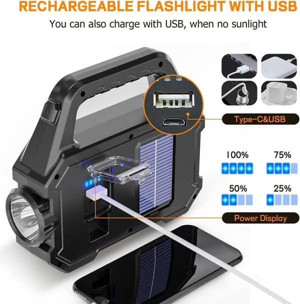 Solar Powered Handheld Flashlight 1000 Lumens Solar or USB Rechargeable Waterproof and Portable.