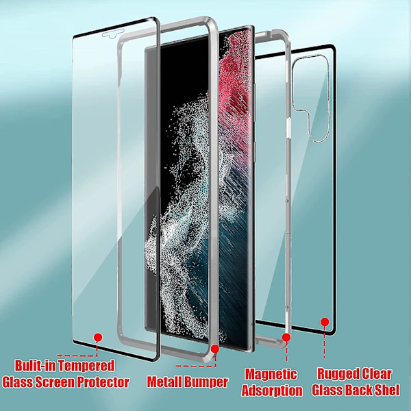 Case för Samsung S22 Ultra, dubbelsidigt phone case i härdat glas med skärmskydd silver silver