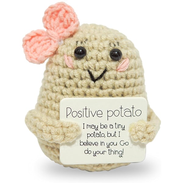 Mini rolig positiv potatis, mjuk ull stickad leksak 2 tum söt virkad docka med positivt kort Dekoration Uppmuntran Stöd (#Fjärilsknut-1st)