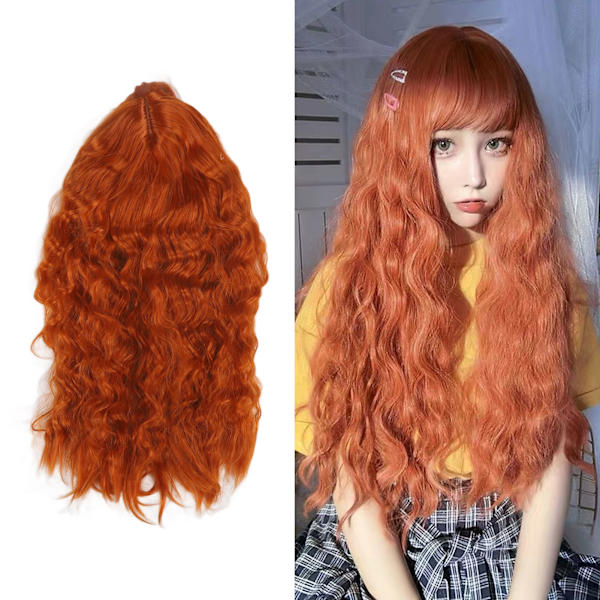 Kvinnlig peruk Casual Fashion Lång Lockig Vågigt Hår Toupee för Kvinnor Flickor Daglig Fest Användning Smutsig Orange