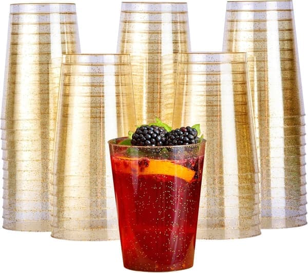 50 285 ml (10 oz) hardplastkopper (med gullglitter, gjenbrukbare), egnet for bursdager, bryllup, dåp, jul, elegante og solide