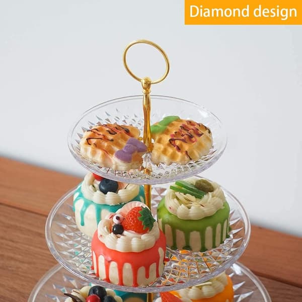 3-lags kagefad, rundt guldfarvet cupcake-stativ, klar akryl dessertfrugtfad, eftermiddagste-stativ til fest