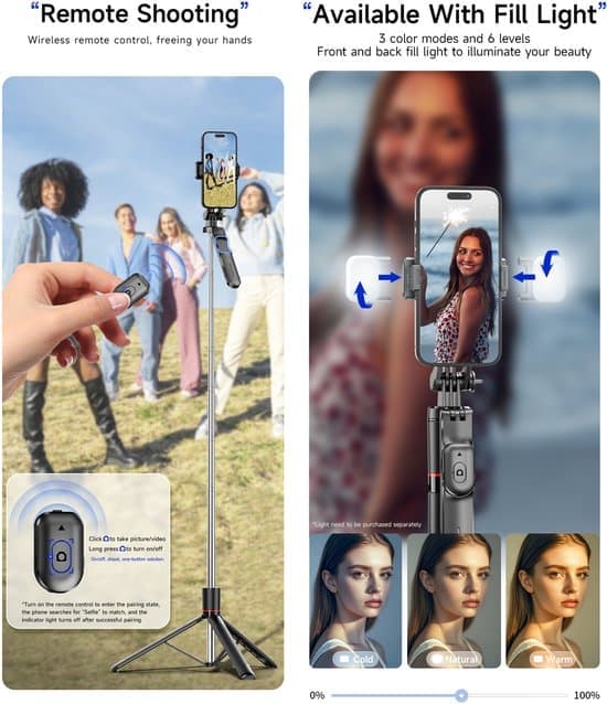 Stativ telefonstativ smartphone-stativ med lys - 67-tommer foldbart teleskopisk Bluetooth selfie-stick stativ/monopod - med dobbelte LED-lys